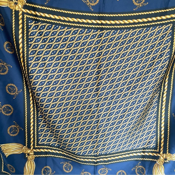 Vintage Berkshire Made in Italy Scarf | Navy Gold Tassel Print Square - Picture 4 of 7